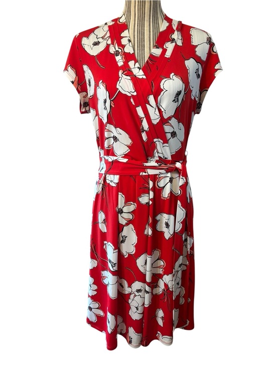 Liz Claiborne Dresses & Skirts - Liz Claiborne Dress Medium Red Faux-Wrap White Floral Midi Side Tie Retro Lined